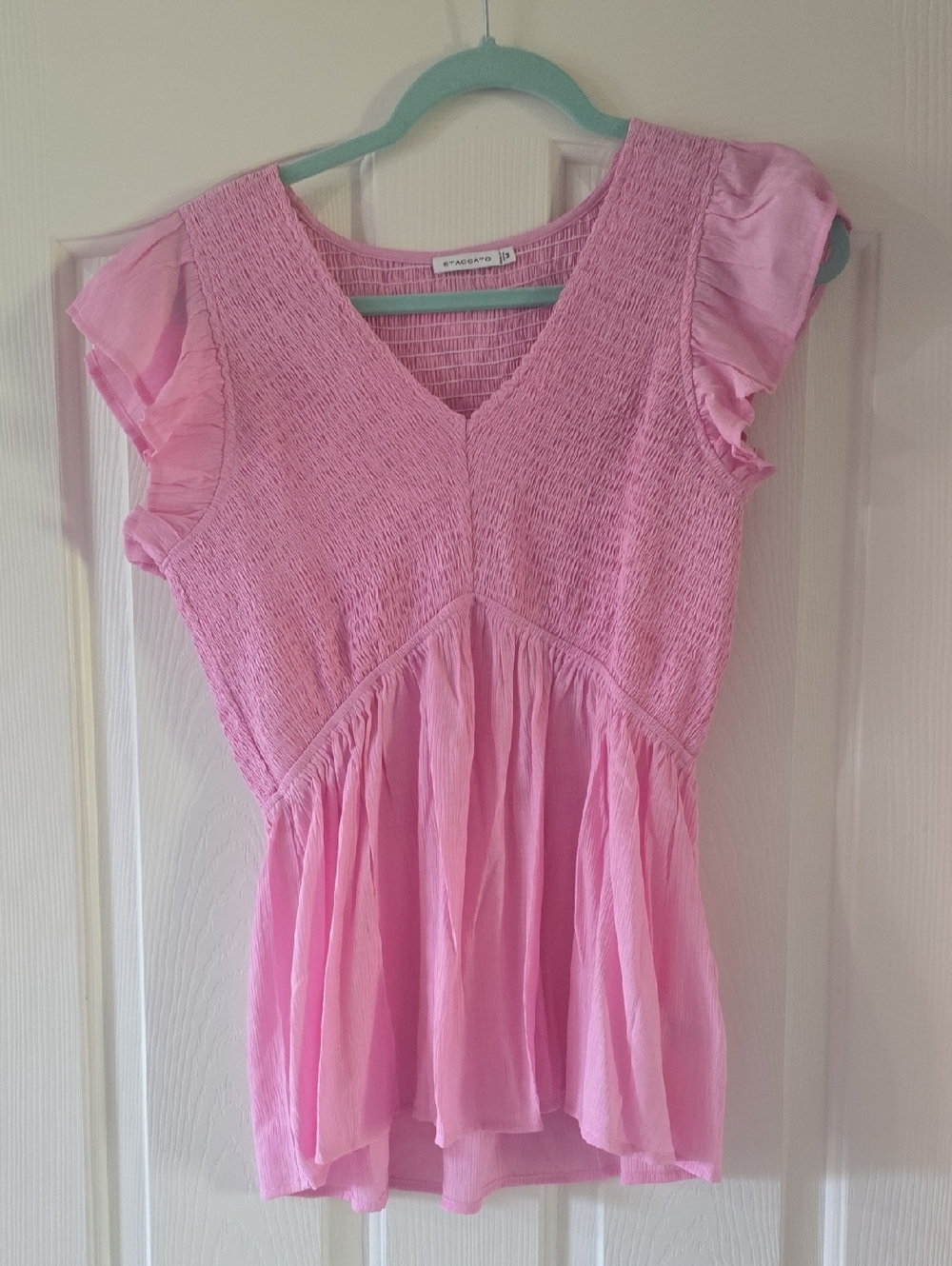 Pink Smocked V-Neck Flutter Sleeve Top